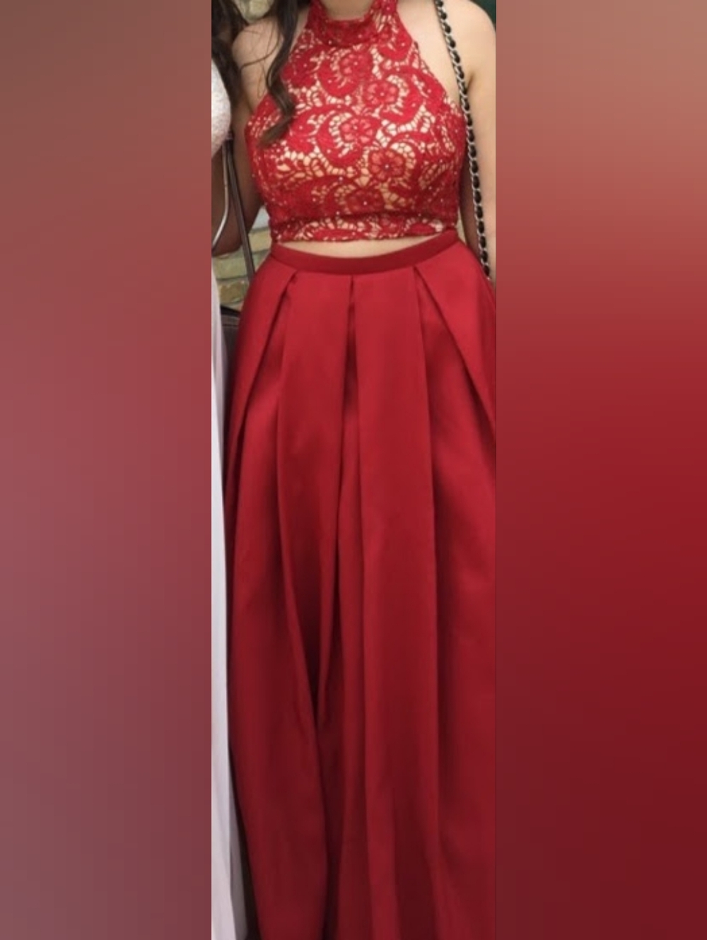 Red 3-Piece Formal Skirt Set with Embroidered Crop Top and veil